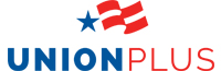 Union Plus logo with navy and red text and an outline of a flag with one star in the design.